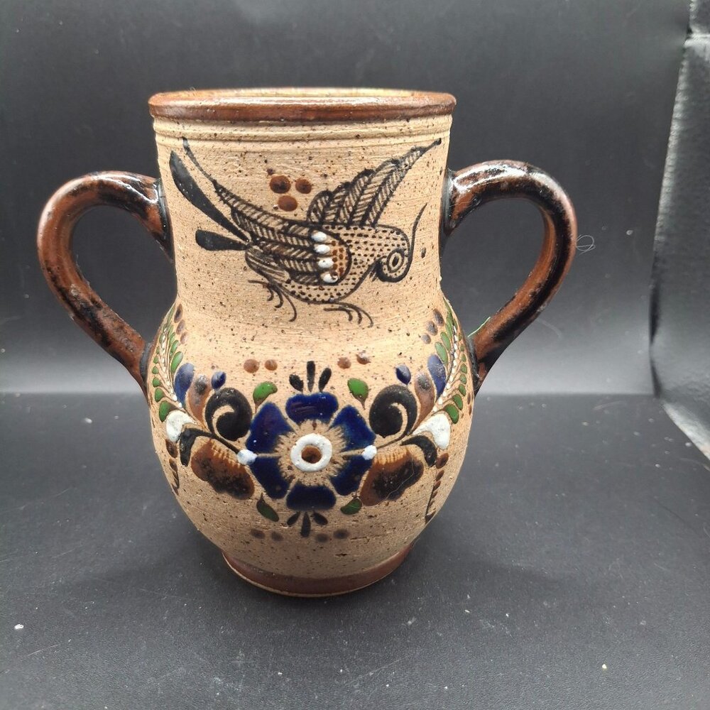 Handcrafted Signed Mexican Ceramic Vase Bird Floral Motif Double Handled Pottery